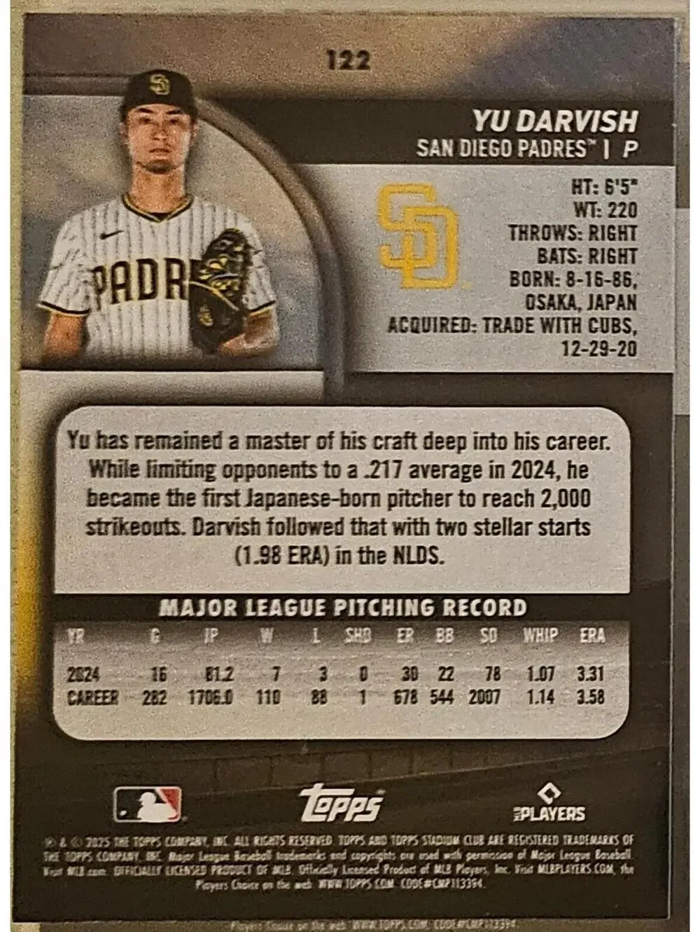 Yu Darvish - 2025 Topps MLB Stadium Club - #122 - Padres - Picture 2 of 2